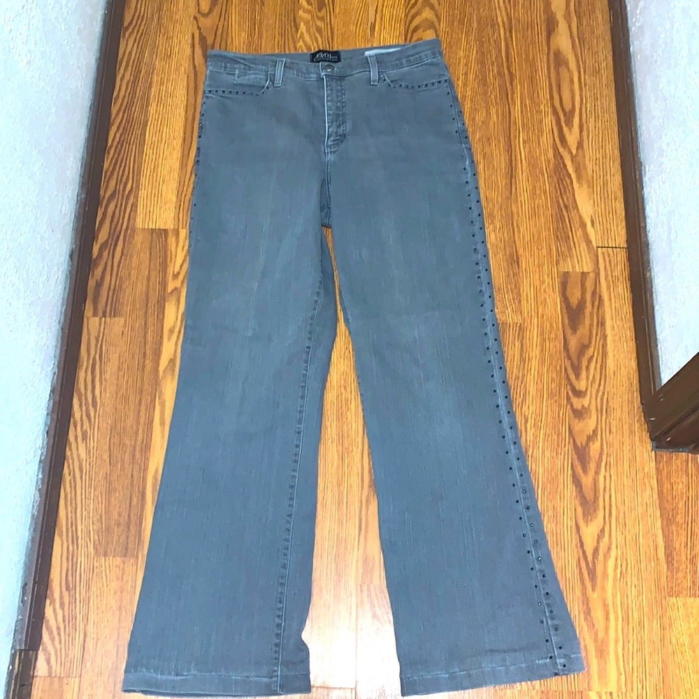 NYDJ (not your daughters jeans) flared gray jeans with black little rhinestones